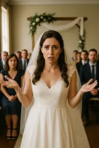 Bride looking frustrated with hands raised after no music cue from missing Dallas Fort Worth wedding DJ
