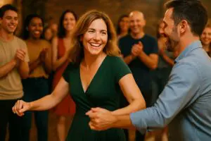 Aunt Jenny dancing joyfully on the dance floor thanks to a Dallas Fort Worth wedding DJ creating the perfect vibe