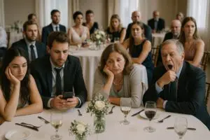 Wedding guests looking bored and frustrated at a silent reception with no DJ present. Dallas-Fort_Worth_Wedding_DJ