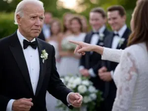 Joe Biden looking confused at a wedding while a planner points him in the right direction, with wedding party members in the background, Dallas Fort Worth Wedding DJ.