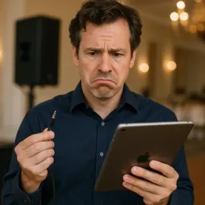 Frustrated man with iPad and wrong cable trying to play music at a wedding without a Dallas Fort Worth wedding DJ Groovy Sound Productions