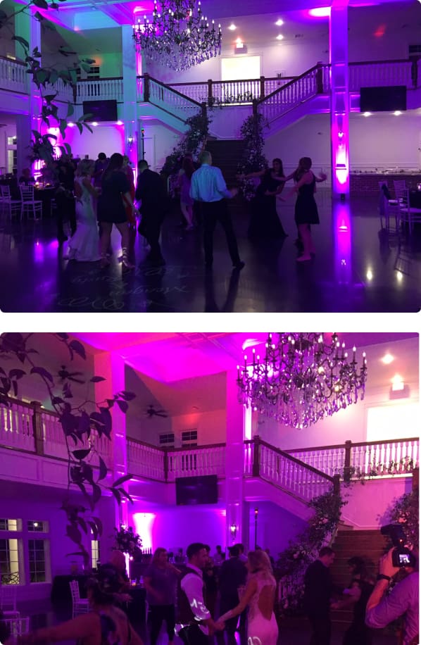 Coordinated and colorful lighting can change the mood of an event to perfectly accent the moment.