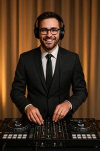 Groovy Sound Productions Dallas_Fort_Worth wedding DJ in a suit energizing the crowd with music