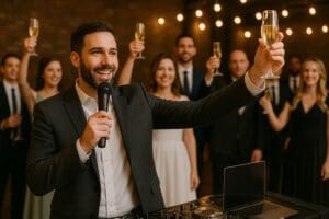 Dallas Fort Worth wedding DJ from Groovy Sound Productions leading a wedding toast with microphone and champagne