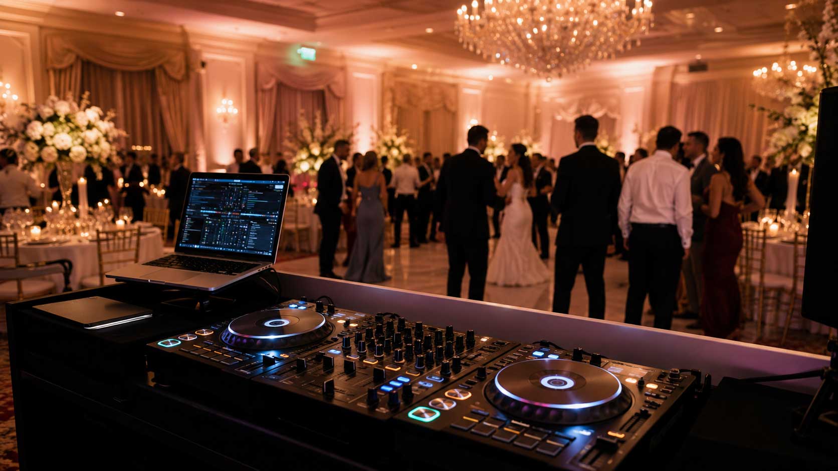 Elegant wedding DJ setup at an upscale Dallas-Fort Worth reception with a modern controller, warm lighting, and guests celebrating on the dance floor