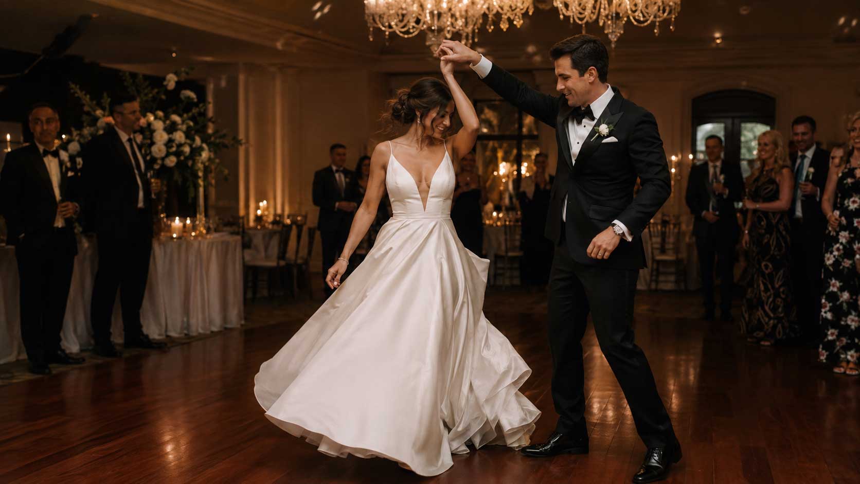 Latino bride and groom dancing with family and guests at an elegant Dallas-Fort Worth wedding reception